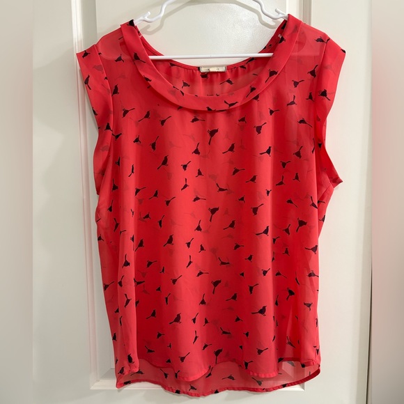 Pleione Tops - Pleione Red Sleeveless Blouse with Bird Pattern